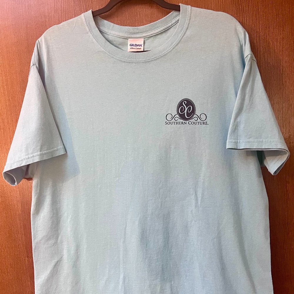 $25 ladies Southern Couture sky blue Kentucky Derby horse t-shirt size L